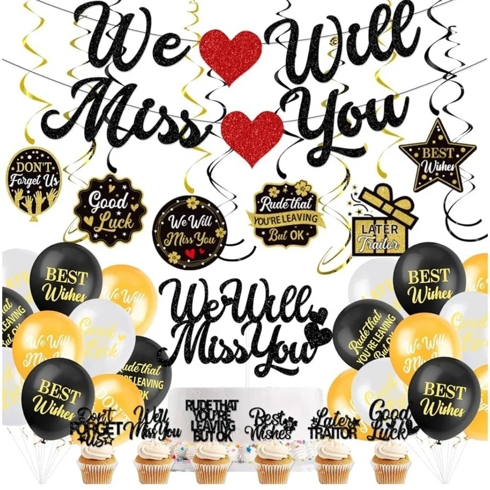 We Will Miss You Banner Cake Toppers Balloons Hanging Swirls, Retirement (032)